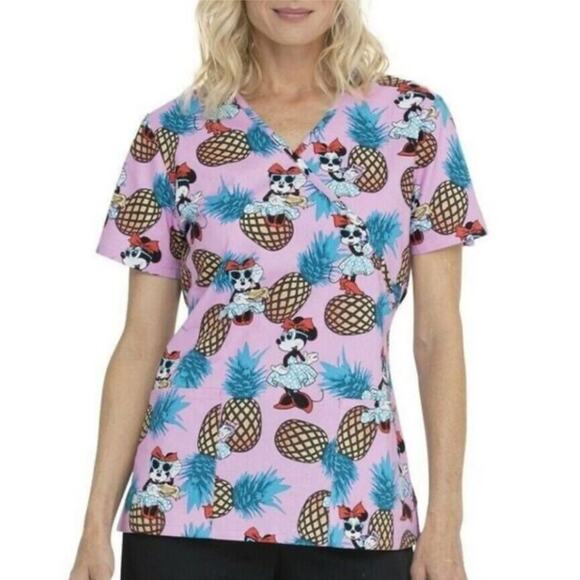 Disney Womens Minnie Mouse Scrub Top Pink Pineapple V Neck Short Sleeve Large - Picture 1 of 9